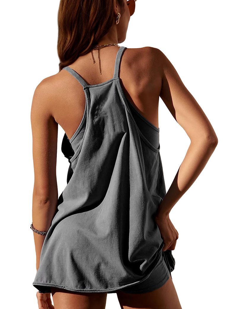 Lentta Womens Athletic Sleeveless Mini Dress with Built-in Shorts V Neck Spaghetti Strap Sundress(Darkgrey-S)