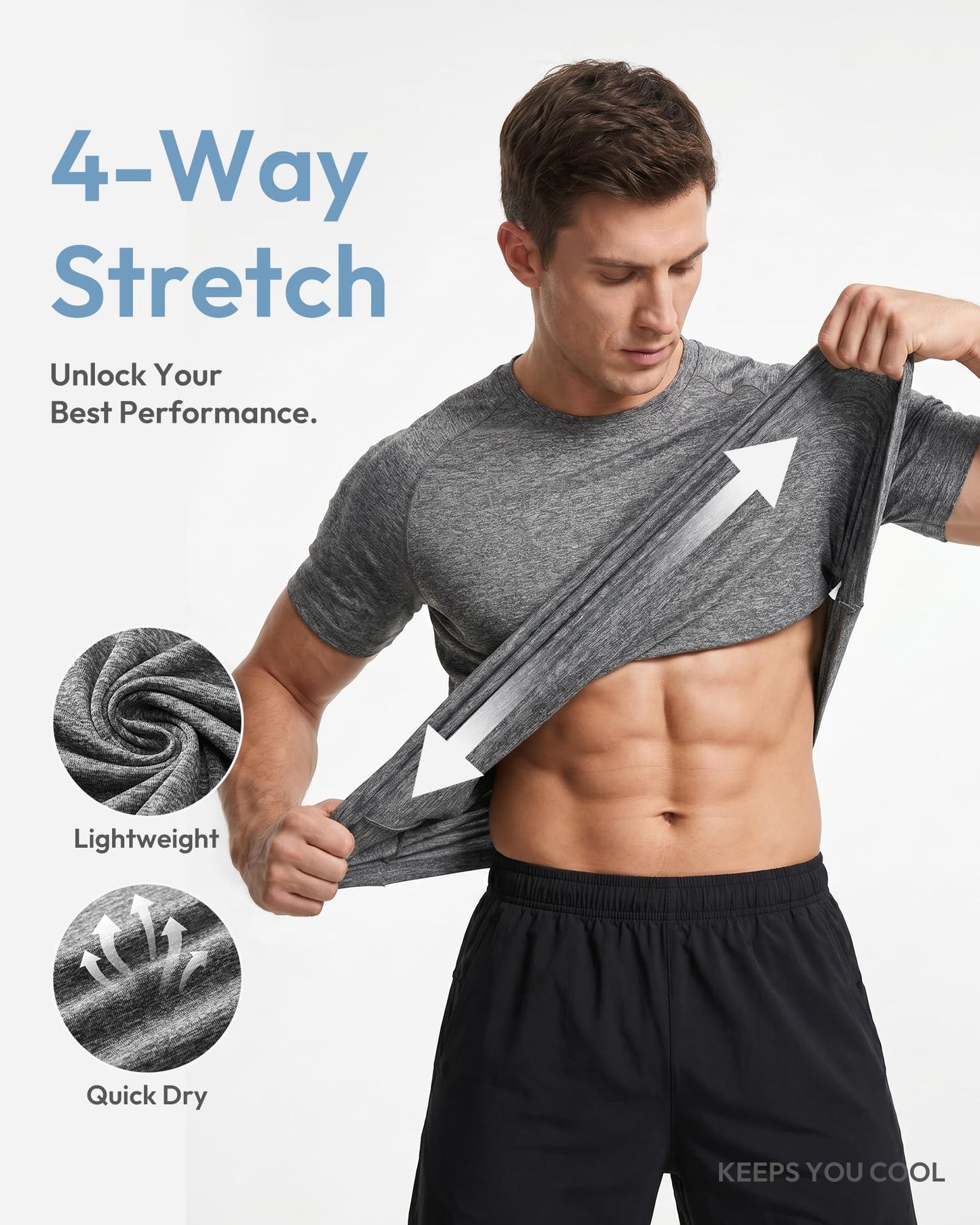 MCPORO Workout Shirts for Men Short Sleeve Quick Dry Athletic Gym Active T Shirt Moisture Wicking 5 Pack Black, Dark Blue, Army Green, Light Grey, Hydro Teal Medium