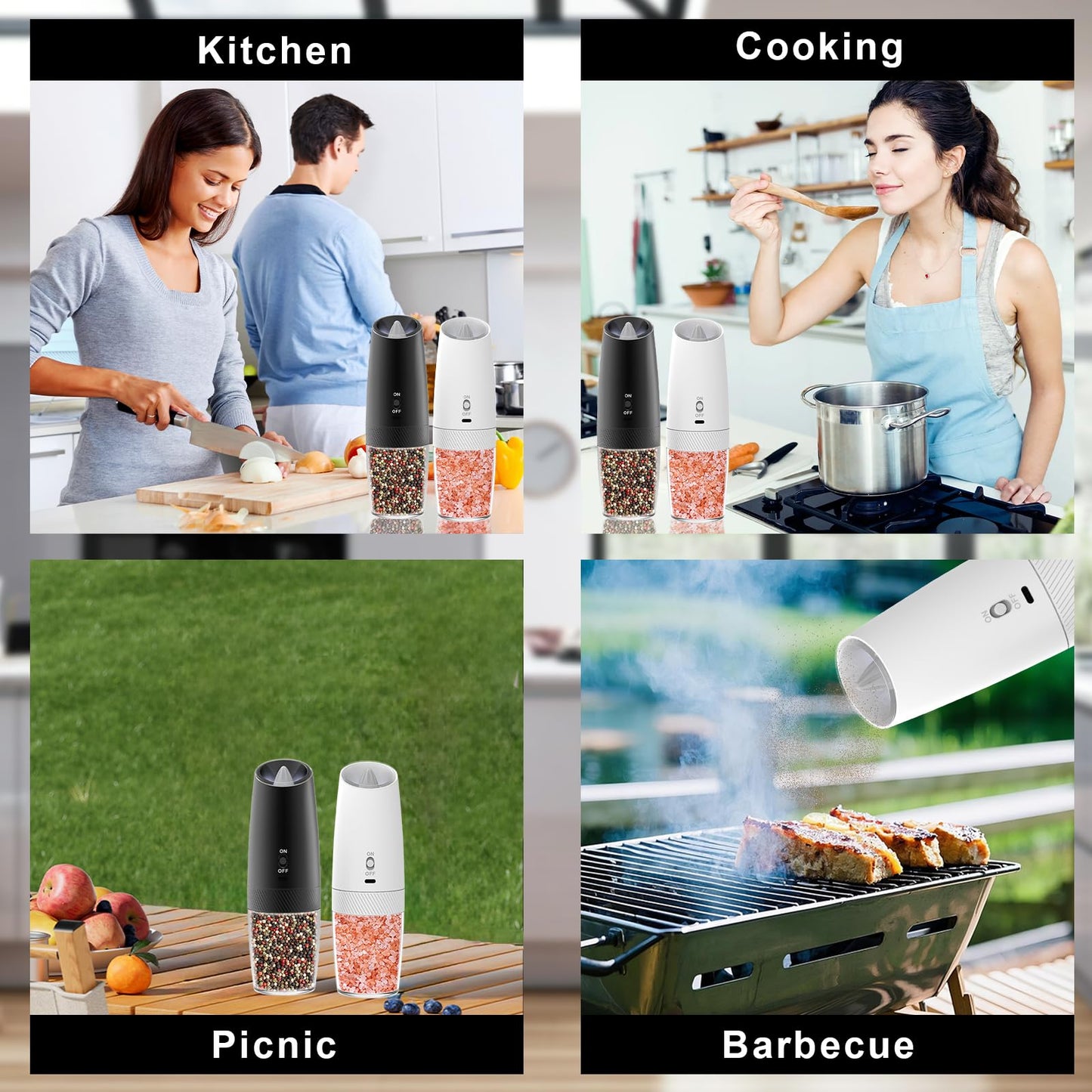 QTDHG Electric Salt and Pepper Grinder Set Rechargeable Gravity Pepper and Salt Mill Grinder Set Type-C Fast Charging, Adjustable Coarseness, Large Capacity with LED Light (Black White-2pcs)