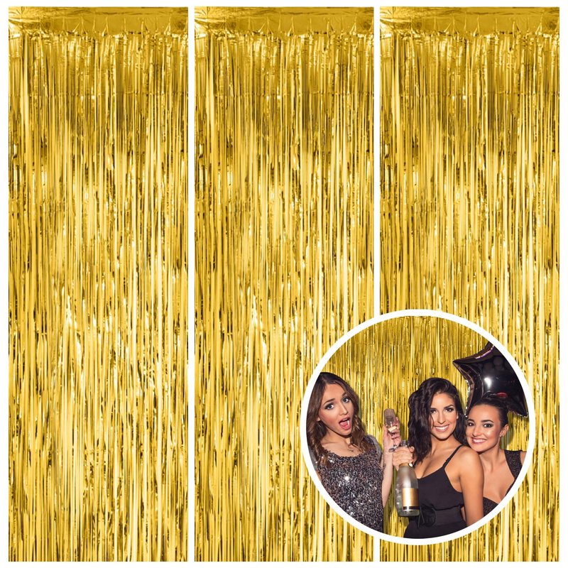 3 Pack Gold Fringe Backdrop Curtain Tinsel Party Streamers Birthday Party Decorations New Year Photo Booth Backdrop Halloween Christmas Graduation Bachelorette Theme Party Decorations