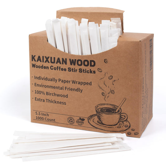 Coffee Stirrers 1000pcs Individually Wrapped Coffee Stirrers Wood - 5.5 Inch Disposable Wooden Stir Sticks for Coffee, Cocktail and Hot Drinks