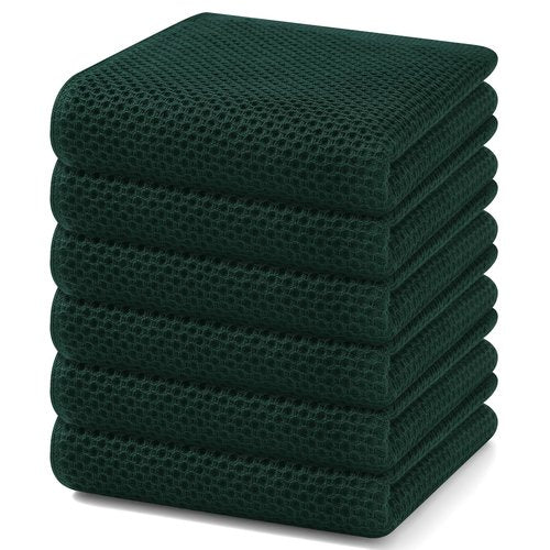 Homaxy 100% Cotton Waffle Weave Kitchen Dish Towels, Ultra Soft Absorbent Quick Drying Cleaning Towel, 13 x 28 Inches, 6-Pack, Blackish Green