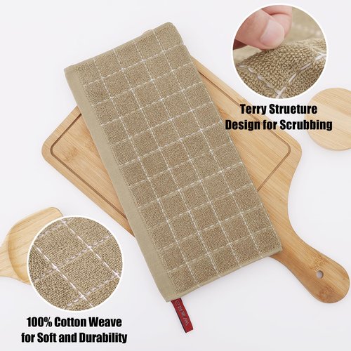 Homaxy 100% Cotton Terry Kitchen Dish Cloths, Ultra Soft and Absorbent Dish Towels for Kitchen, Perfect for Drying and Washing Dishes, 8 Pack, 12 x 12 Inches, Tan