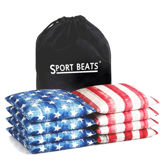 SPORT BEATS Cornhole Bags Set of 8 - Regulation Size & Weight Bean Bags, Heavy Duty Double-Stitched Canvas for Tailgating, Outdoor Backyard Game Accessories with Carry Tote Rustic Stars & Stripes