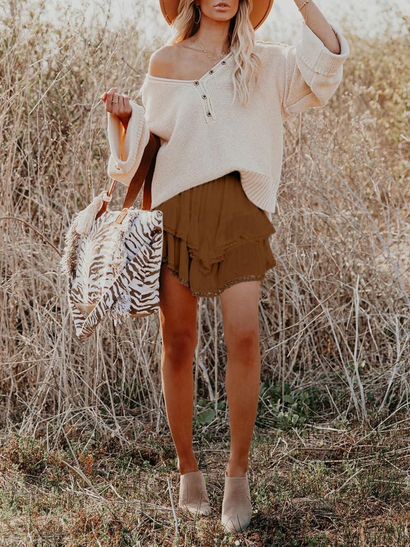 Aoudery Flowy Shorts for Women Casual Boho Ruffle Tiered Skorts High Waist Mini Skirts Golf Tennis Butterfly Crochet Shorts - Brown L