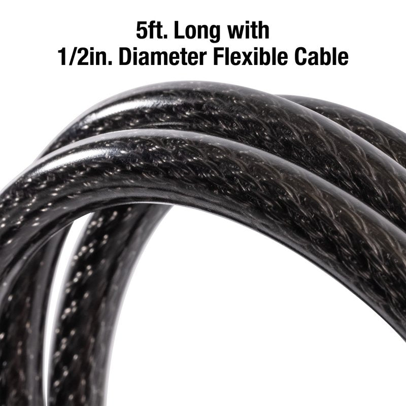 Master Lock Bike Cable Lock 5' x 1/2" Heavy Duty Anti-Theft Bike Lock Steel Cable with Black Weather Resistant Vinyl Coating for Bikes, Ebikes & Scooters, 5 Feet Long, 8370D