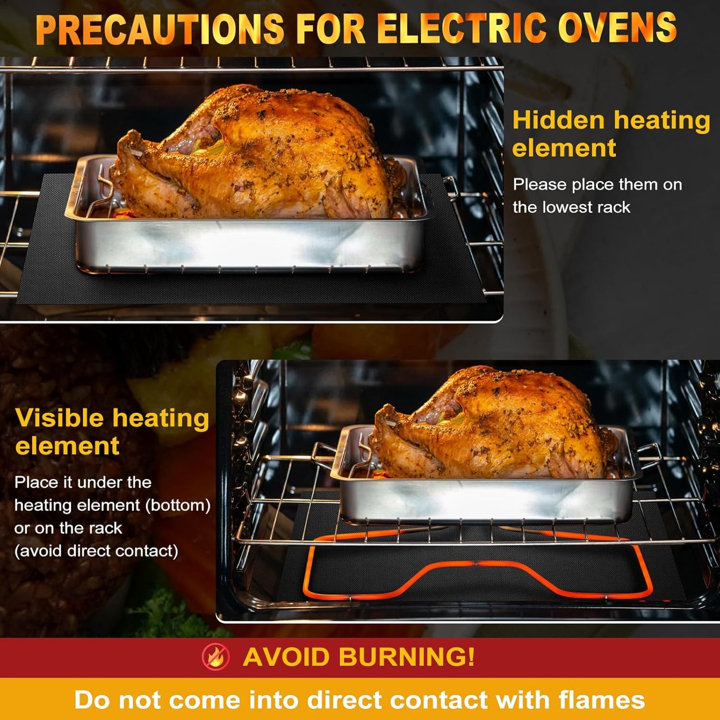 Skiennix Oven Liners - 2 Pack Heavy Duty Non-Stick Mats | 17"x25" Reusable & Heat Resistant, BPA/PFOA Free (Black)