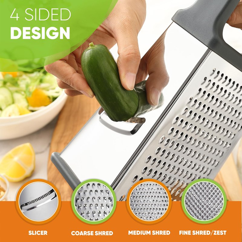 Spring Chef Professional Cheese Grater - Stainless Steel Box Grater for Kitchen, XL Size, 4 Sides - Perfect Shredder for Parmesan Cheese, Carrot, Potato, Ginger - Dishwasher Safe - Gray