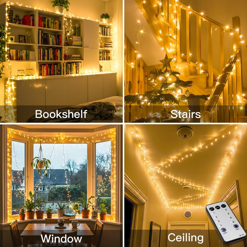 suddus Indoor String Lights with Remote, Warm White Christmas Lights Plug in with Timer, 33ft 100 LED Twinkle Fairy Lights for Bedroom Dorm Xmas Tree Wreath Wedding Garden Party Outdoor Decorations