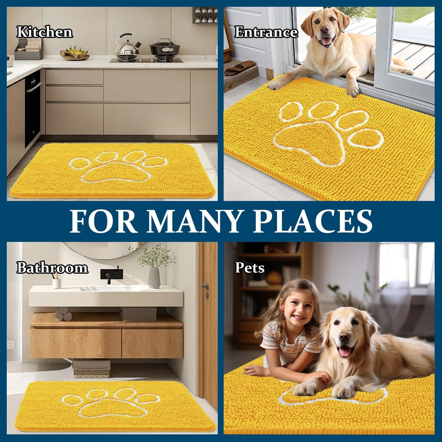 OLANLY Dog Door Mat - Absorbent Non-Slip Mud Mat for Muddy Paws | 30x20 Paw Print Design, Quick Dry Yellow