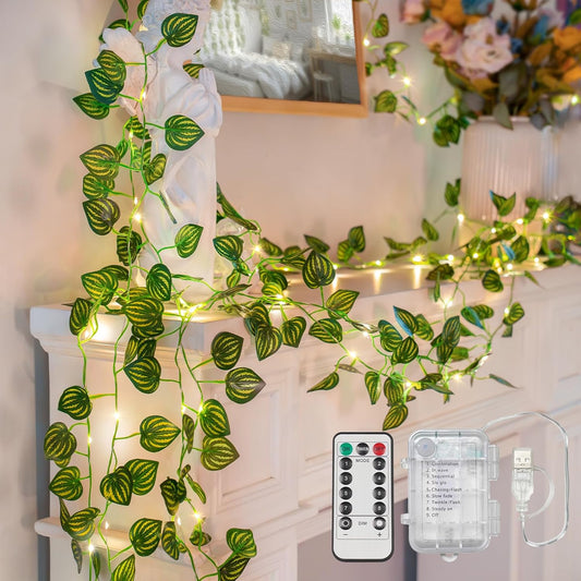 Suddus Vines with Fairy Lights - 33ft 100 LED Watermelon Leaves String Lights | Battery & USB Powered, Remote Control for Indoor Decor