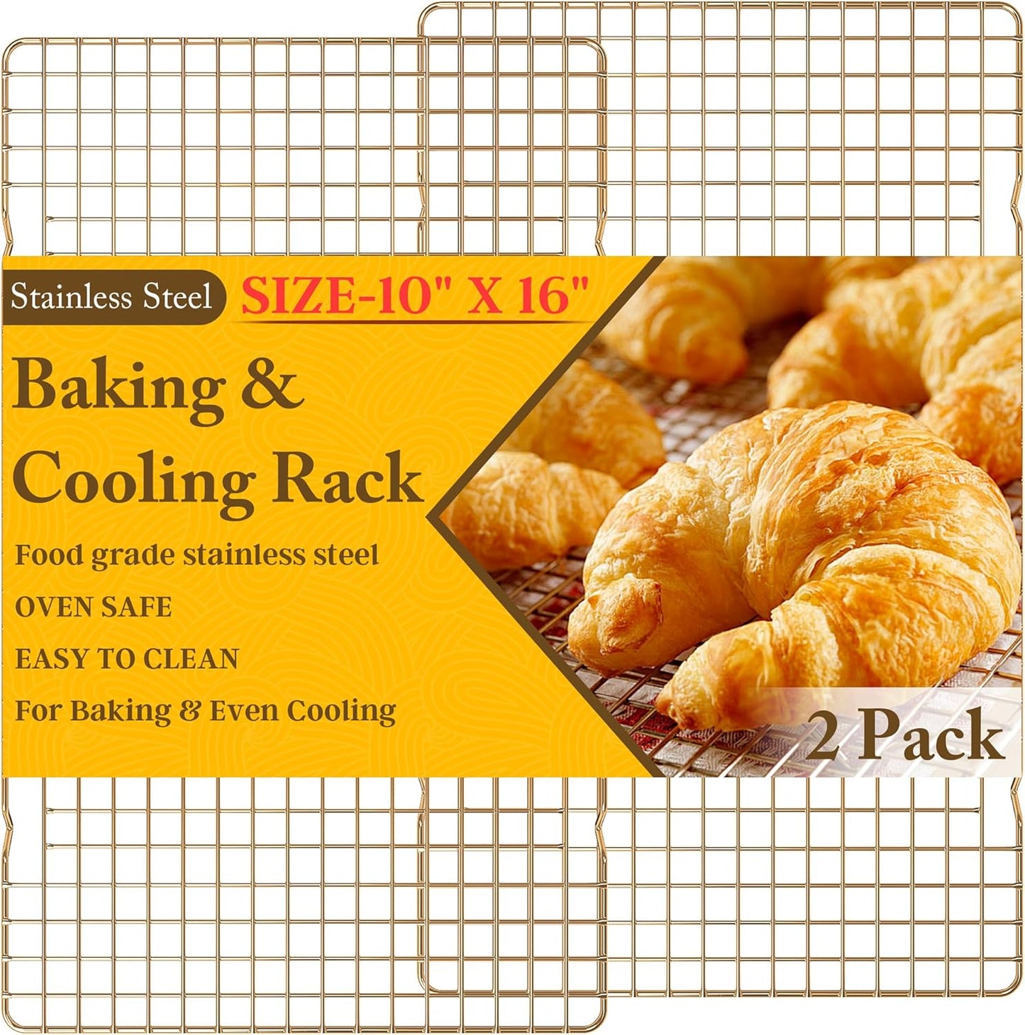 Skiennix Cooling Racks - Heavy Duty Stainless Steel Wire Rack for Baking & Grilling | 10" x 16" - Oven & Dishwasher Safe (Gold)