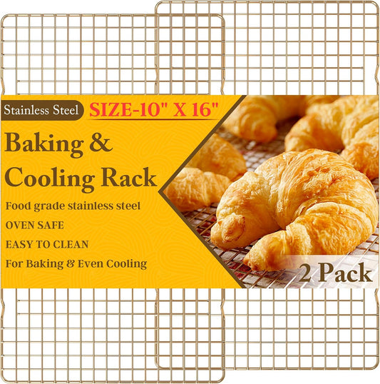 Skiennix Cooling Racks - Heavy Duty Stainless Steel Wire Rack for Baking & Grilling | 10" x 16" - Oven & Dishwasher Safe (Gold)