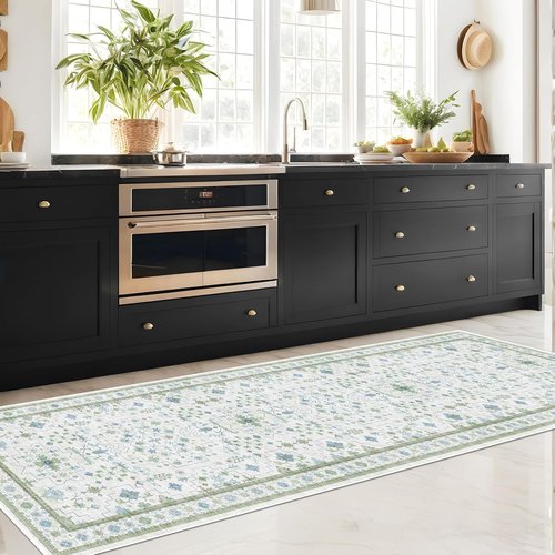 Hazo Haus Oushak 3x12 Wide Hallway Runner Rug - Vintage Turkish Floral Design, Washable Non-Slip | Light Blue & Green