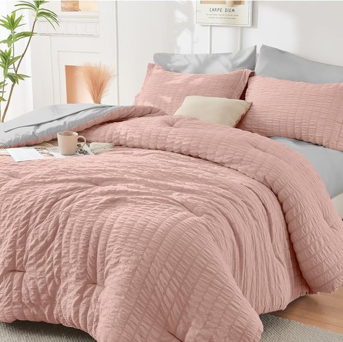HYMOKEGE Comforter Set - Luxury 7-Piece Bed in a Bag | Rose Gold & Light Grey, All-Season Bedding