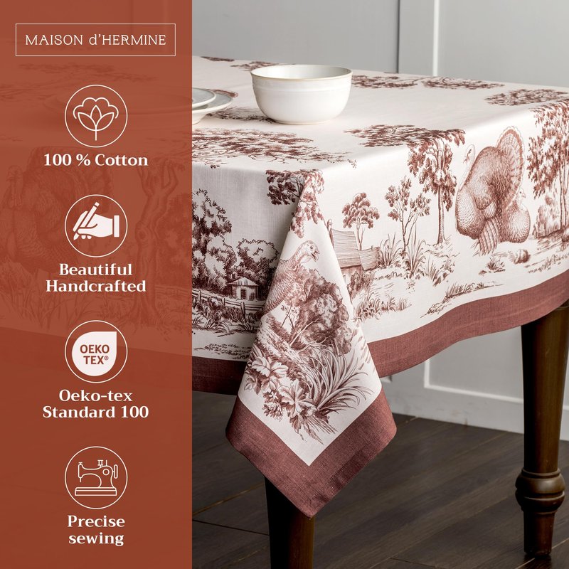 Maison d' Hermine Table Cloth Rectangle Table 100% Cotton 70 x 108 Inches Fall Tablecloth Reusable Everyday Use for Thanksgiving Christmas Decorations Dining Farmhouse Party (Holy Jouy - Brown)