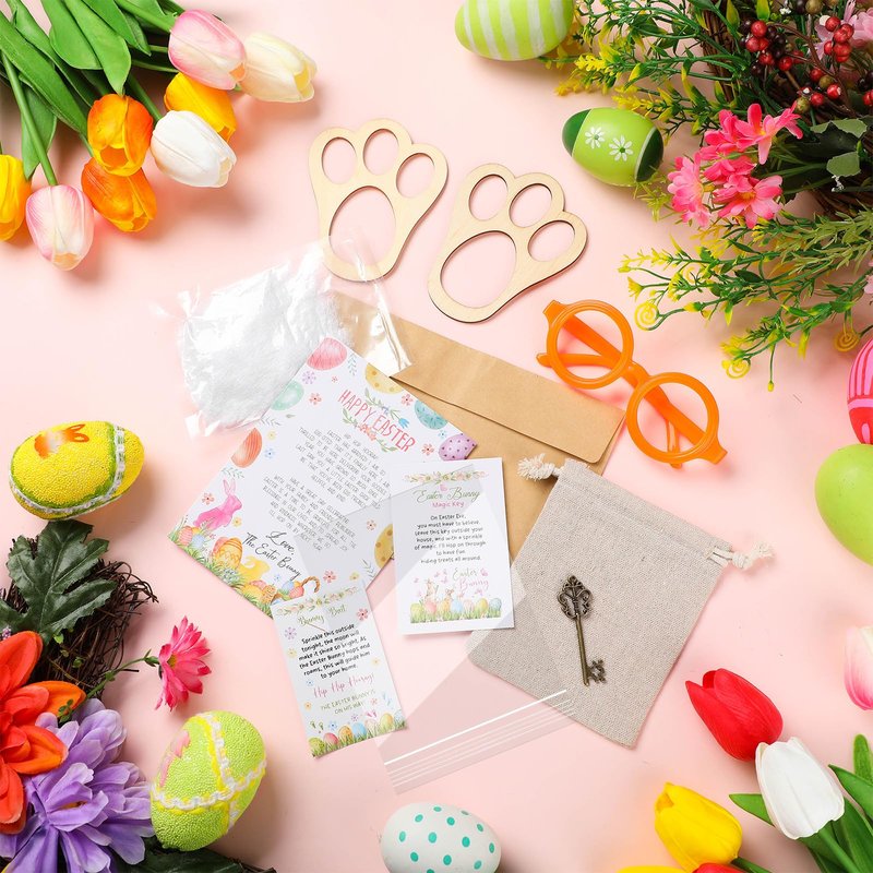 VioraWhite 11 Pcs Easter Bunny Evidence Set Bunny Footprints Template Greeting Cards Stickers Cardboard Key Glasses Prop for DIY Easter Scene Dress up Gifts