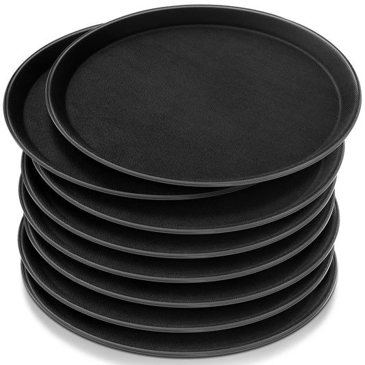 Zopeal 8 Pieces Black Round Restaurant Serving Tray, Plastic Non Slip Surface Food Meals Server Tray with Raised Edges for Home, Kitchen, Restaurant, Cafeteria, Bar (14")