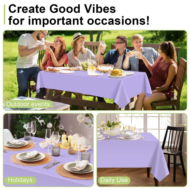 QIKSION Lavender Plastic Table Cloth Disposable 2 Pack, 54 x 108 Inch Tablecloths for Birthday Party Supplies, Easter Decorations, Light Purple, Pastel, Lilac Rectangle Table Cover
