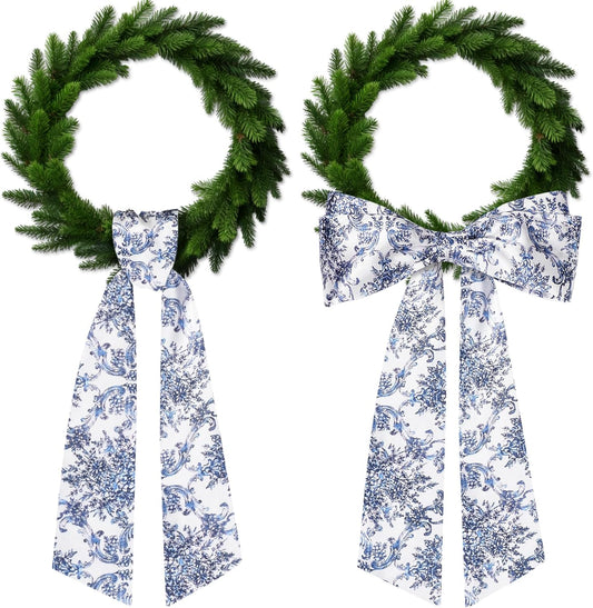 Skiennix Chinoiserie Satin Blue & White Flower Wreath | 2-Piece Door & Wall Decor Set