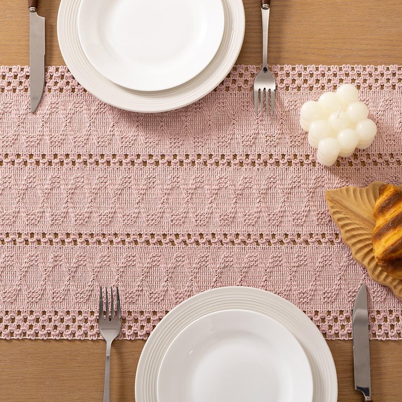 Socomi Boho Table Runner Easter Spring Farmhouse Rustic Dining Kitchen Centerpiece Decor Small Macrame Woven Cotton Linen Coffee Table Runner for Dresser Scarf Home Decor 12x72 in Pink
