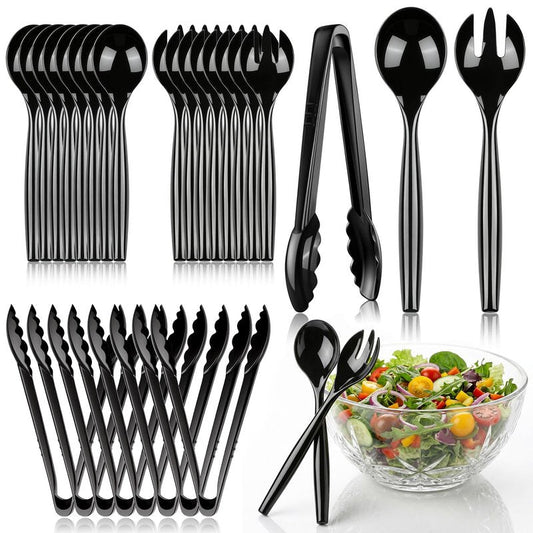 Dualshine 24 Pcs Disposable Black Plastic Serving Utensils,8 Set Including 9.72" Plastic Serving Spoons, Forks and 8.46" Tongs, for Dinner Parties, Buffets,Banquets, Events, Weddings, and Daily Use