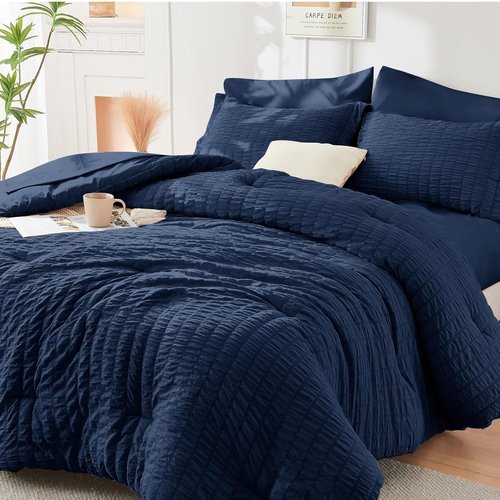 HYMOKEGE Twin Comforter Set - Navy Blue Seersucker 5-Piece Luxury Bedding Set | All-Season Comfort
