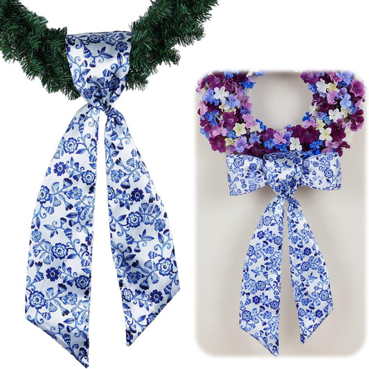 Skiennix Wreath Sash - Blue Floral Chinoiserie Decor | 55x5 Inch Ribbon for Indoor/Outdoor Use
