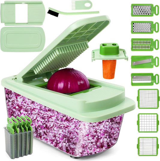 Vegetable Chopper 16-in-1 by [Brand Name] - Multifunctional Kitchen Gadget with 8 Blades & Container for Salad, Coleslaw, Meat, Nuts