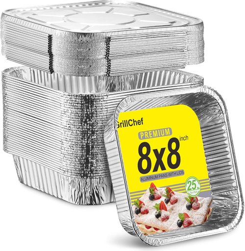 GrillChef 8x8 Aluminum Foil Pans with Lids - Disposable Baking Pans for Cakes & Breads | 25 Pack