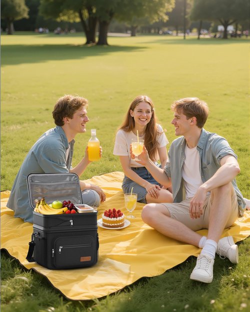 HOTOR Lunch Box for Men & Women - Double-Layer Insulated Lunch Bag with Leakproof Liner, Portable Cooler for Work, Travel, or Picnic, Black, 12L, 11.1" x 9.7" x 6.7"