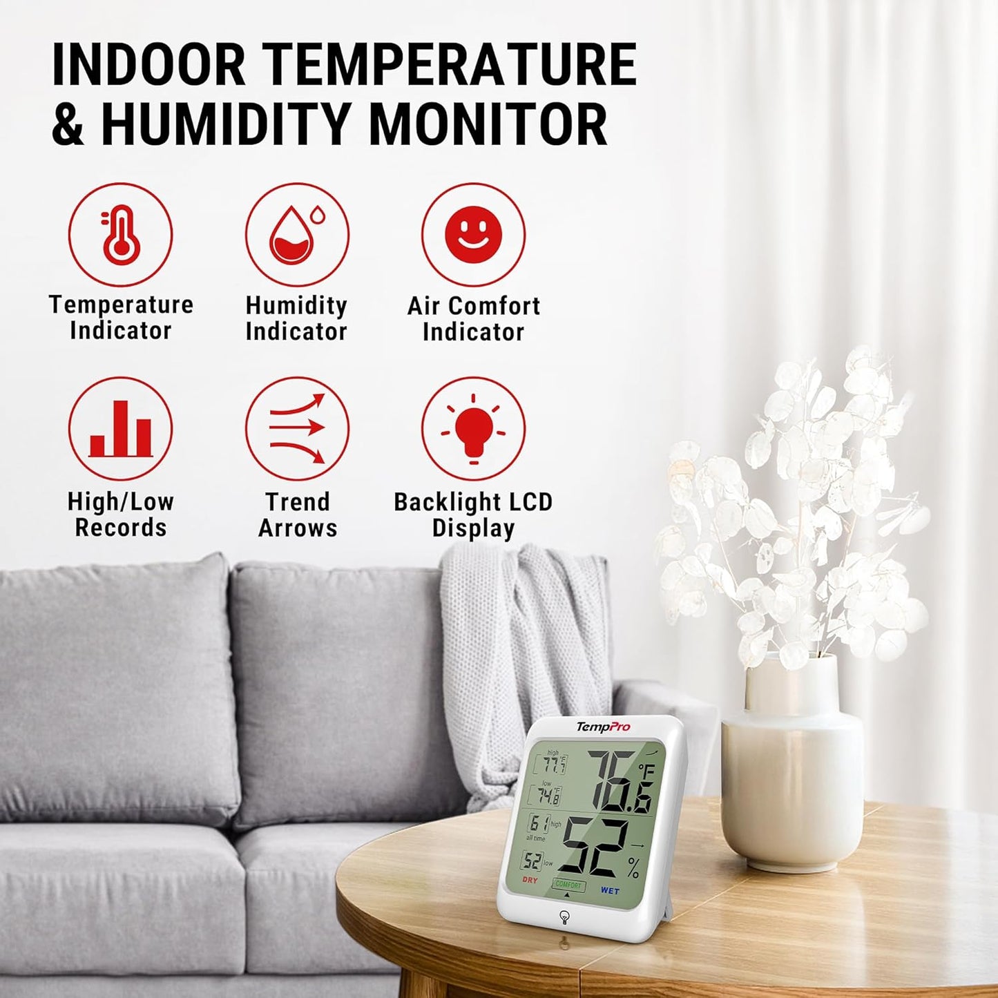 TempPro TP53 Digital Hygrometer - Indoor Thermometer with Comfort Indicator & Backlit Display | Max Min Records