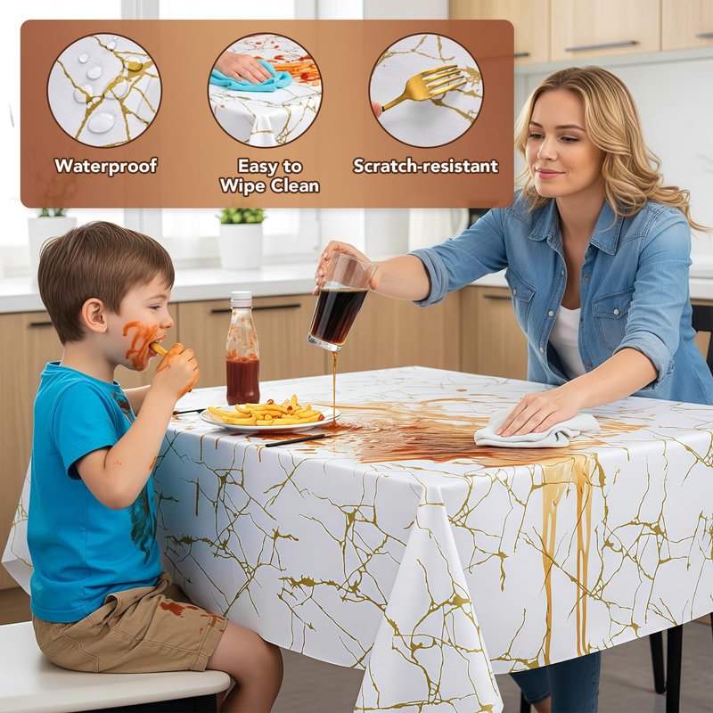 sancua 100% Waterproof Vinyl Tablecloth 54x78 Inch, Rectangle PVC Table Cloth for Picnic, Oil-Resistant Spill-Proof Wipeable Table Cover for Dining, Kitchen, Parties, Indoor and Outdoor, White Marble