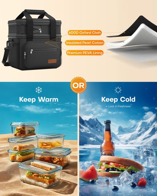 HOTOR Lunch Box for Men & Women - Double-Layer Insulated Lunch Bag with Leakproof Liner, Portable Cooler for Work, Travel, or Picnic, Black, 12L, 11.1" x 9.7" x 6.7"