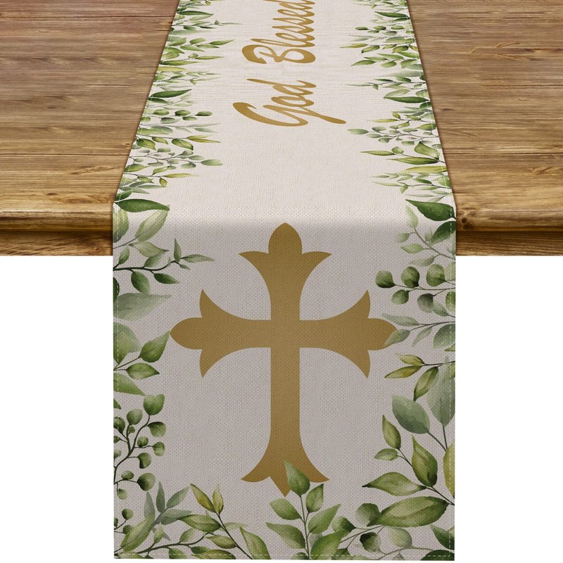 Pudodo Baptism Table Runner God Blessed First Communion Christian Cross Baby Shower Party Kitchen Dining Home Decoration (13" x 72", Green)