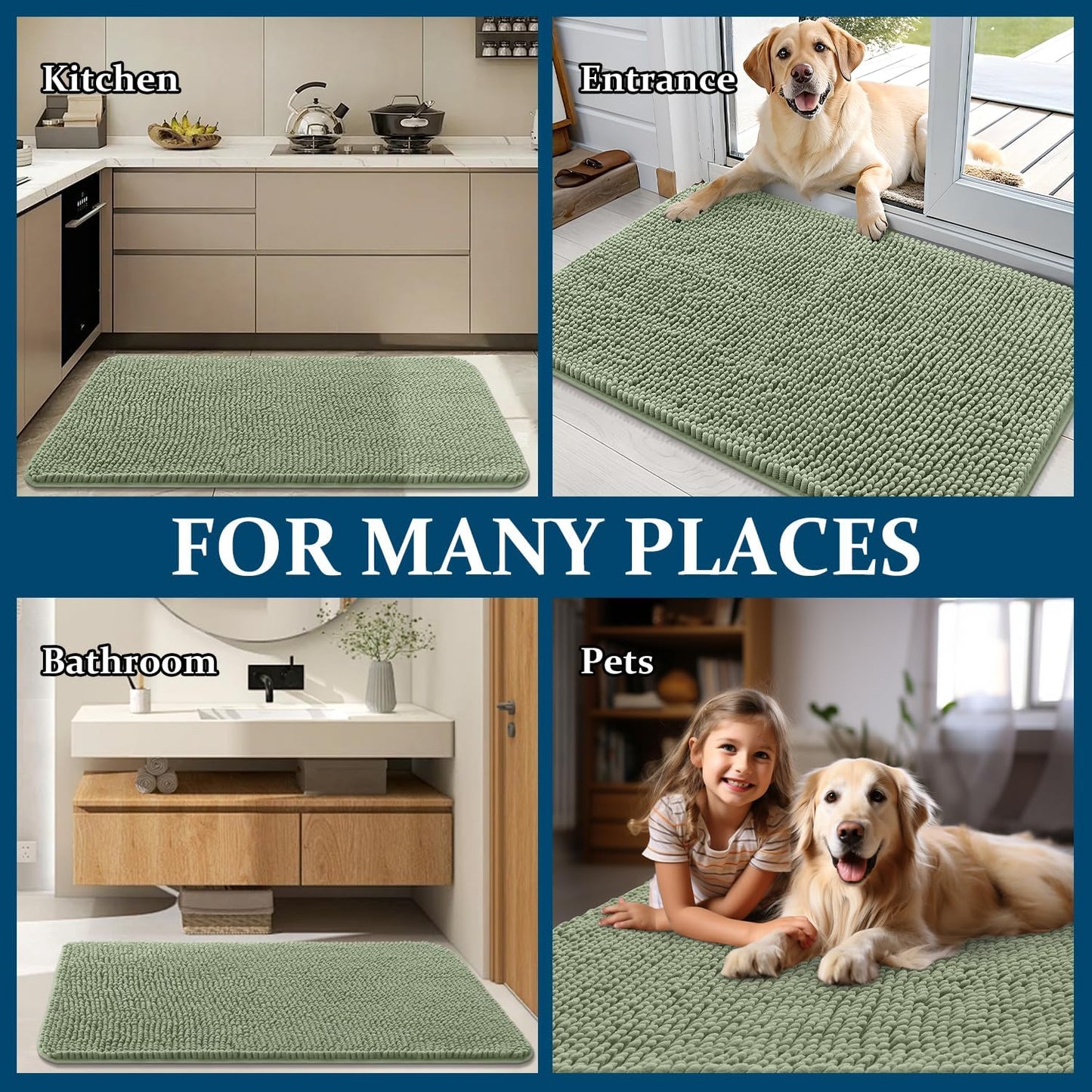 OLANLY Dog Door Mat - Absorbent Non-Slip Chenille Mat for Muddy Paws | 30x20, Quick Dry, Sage Green