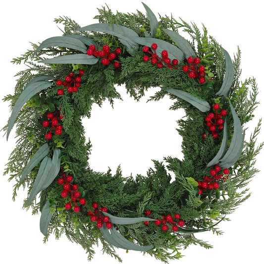 24-inch Christmas Norfolk pine wreath, outdoor front door green wreath decoration with red berries, suitable for indoor and outdoor family living room porch Christmas holiday winter decoration.