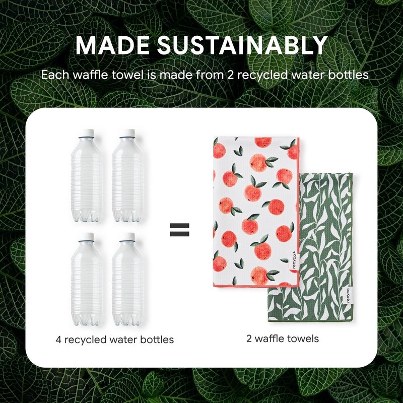 RECYCO Waffle Kitchen Towel Set of 2 - Quick Dry Microfiber Sustainable Dish Towels - Ultra Absorbent Reusable Cleaning Tea Towels - Lightweight Hand Towels,16”x 28”, Peachy Leaves
