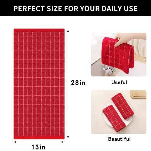 Homaxy 100% Cotton Terry Kitchen Towels(Red, 13 x 28 inches), Checkered Designed, Soft and Super Absorbent Dish Towels, 6 Pack