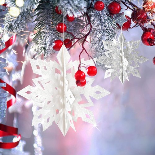GuassLee 15-Piece 3D Glitter Snowflake Decorations | White & Silver Winter Garland for Christmas Parties