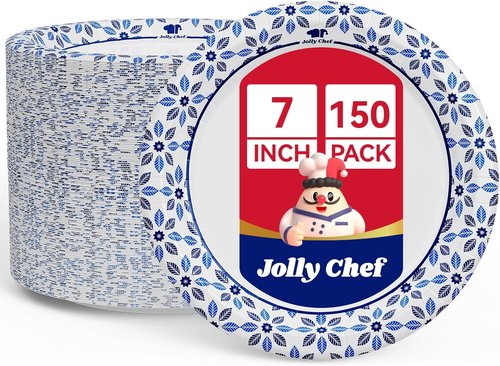 JOLLY CHEF 7-Inch Heavy Duty Disposable Paper Plates - 150 Count, Soak Proof & Cut Proof