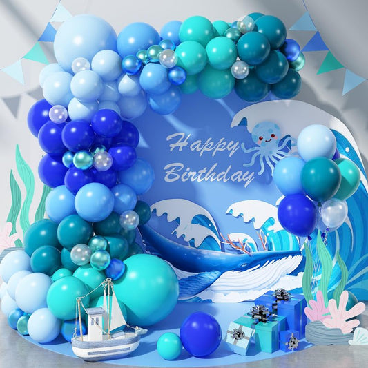 Blue Balloon Garland Arch Kit, 112 Pcs Pastel Baby Light Blue Royal Blue Slate Teal Blue Turquoise Metallic Green Under the Sea Balloon Arch Kit for Boys Ocean Birthday Baby Shower Party Decorations