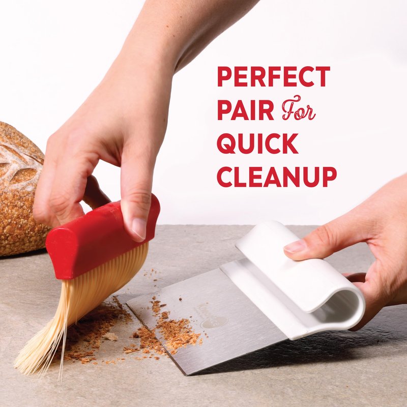 KneadAce Dough Scraper & Baker’s Brush Set. Stainless Steel Bench Scraper & Flour Cleaning Brush. Kitchen Tool for Pastry, Sourdough and Baking Prep Bread Dough Cutter, Gift For Bakers (White/Red)