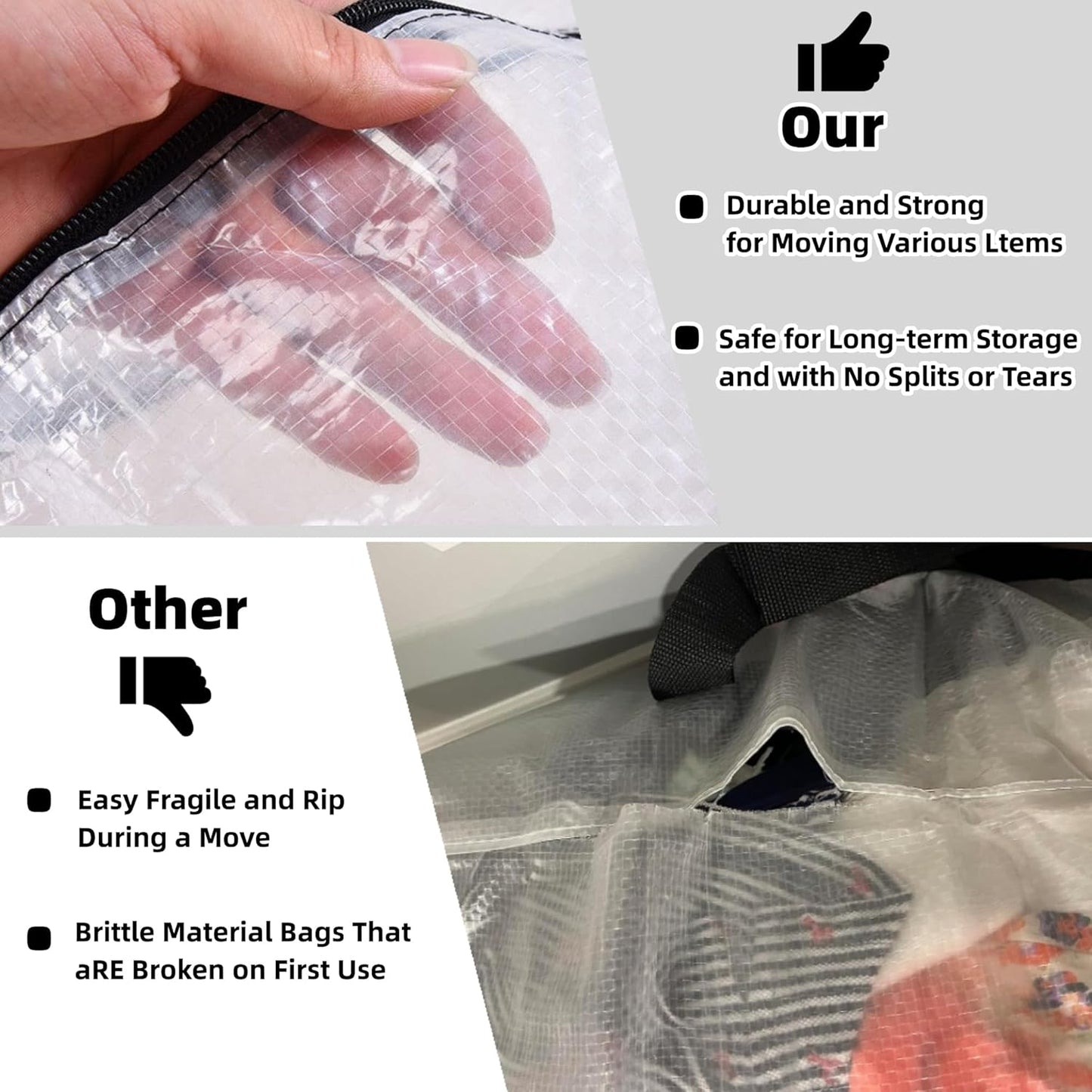 Skiennix Heavy Duty Moving Bags - Extra Large Clear Storage with Zipper & Handles | 3 Pack for Easy Packing