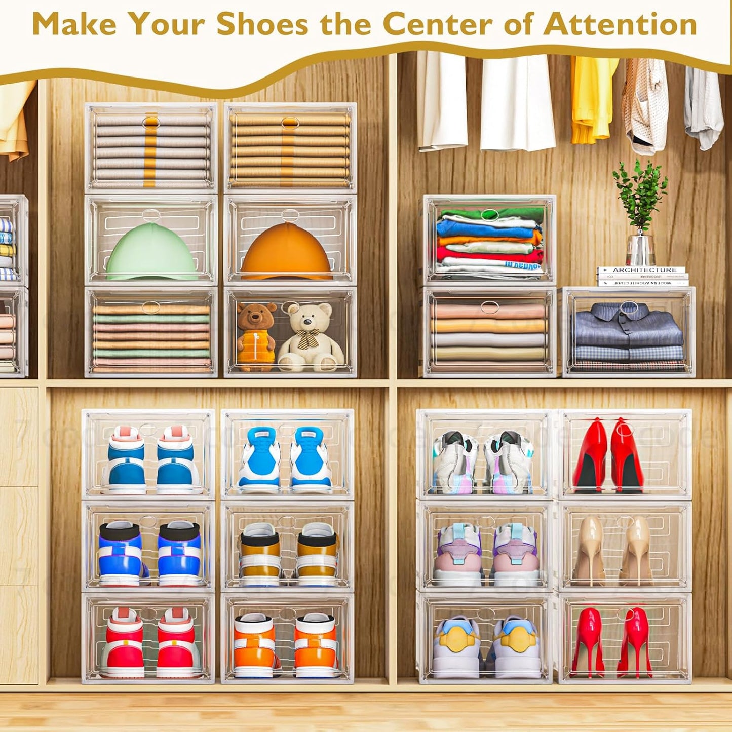 Skiennix Clear Shoe Storage Organizer - Sturdy Stackable Boxes with Magnetic Door | 6-Pack White