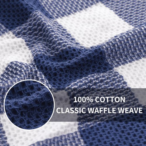 Homaxy 100% Cotton Waffle Weave Check Plaid Dish Cloths, 12 x 12 Inches, Super Soft and Absorbent Dish Towels Quick Drying Dish Rags, 6-Pack, White & Navy Blue