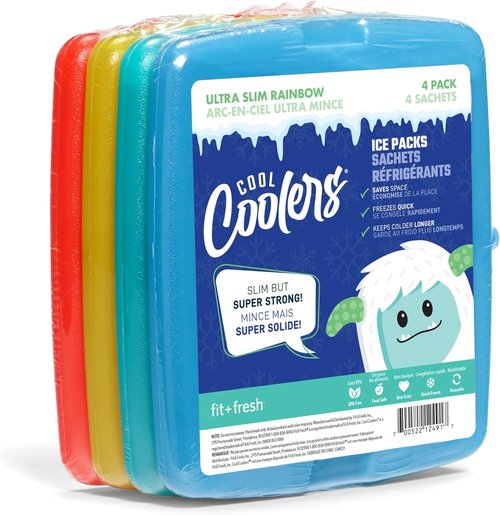 Cool Coolers By Fit & Fresh Slim Ice Packs - Quick Freeze, Space-Saving Design, Multi-Colored 4-Pack