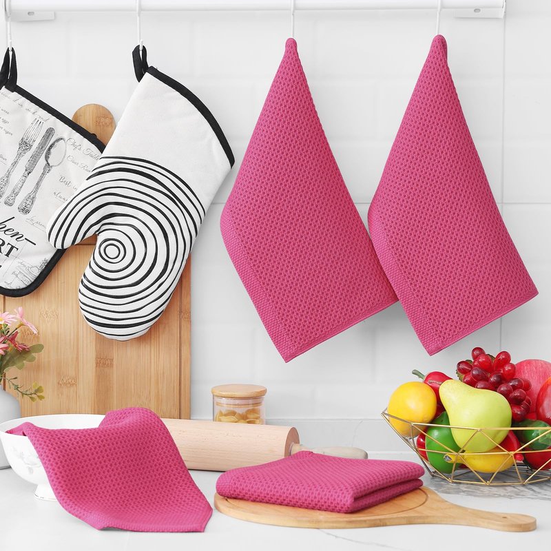 Homaxy 100% Cotton Waffle Weave Kitchen Dish Towels, Ultra Soft Absorbent Quick Drying Cleaning Towel, 13 x 28 Inches, 6-Pack, Hot Pink