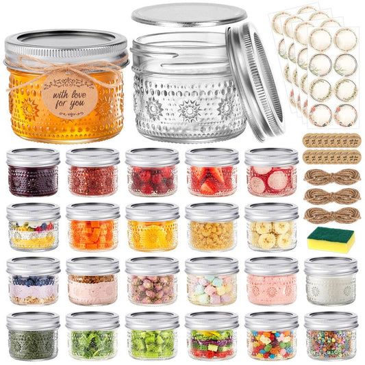 igoelove 4 oz Mason Jars with Embossed Pattern 24 Pack | Small Canning Jars with Airtight Lids | Mini Glass jars for Jams, Jelly, Honey, Spices, DIY Candles, Wedding Favors and Gift Packaging