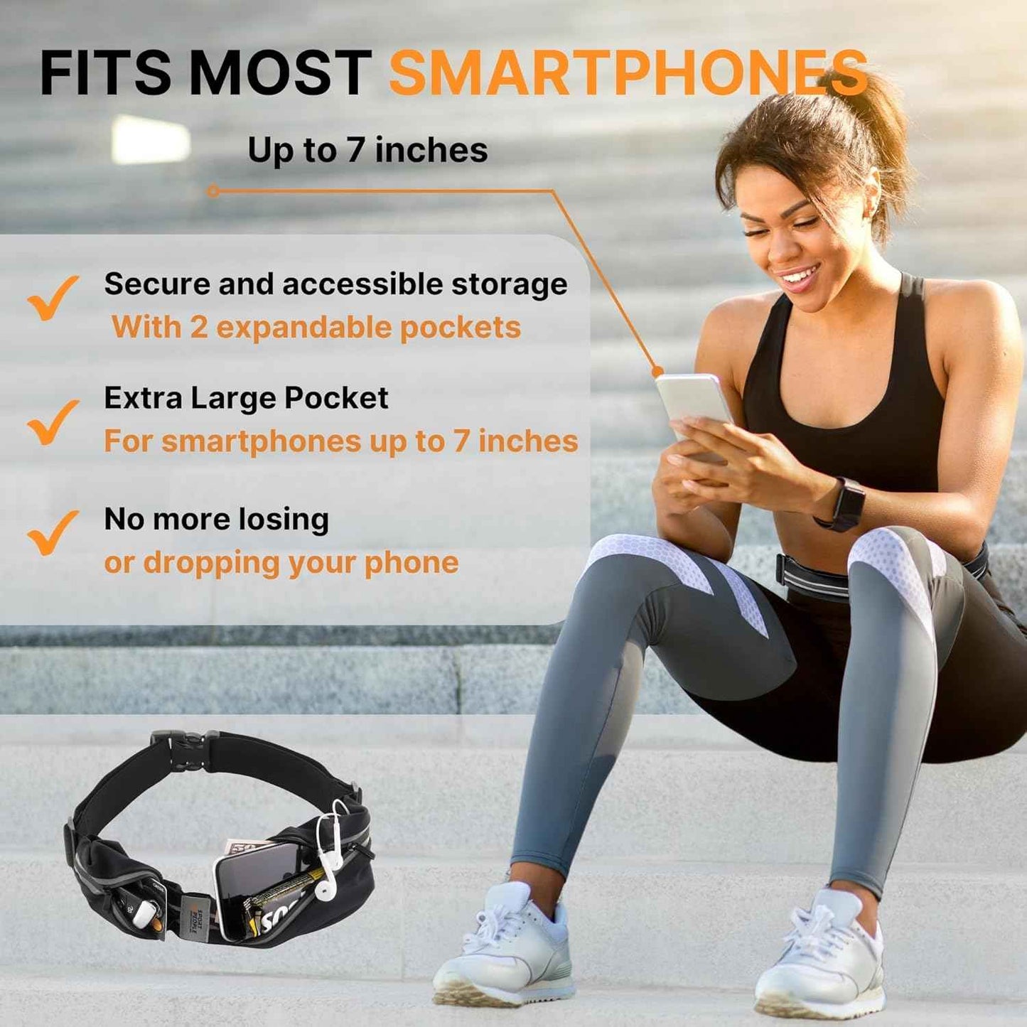 Waterproof Slim Running Belt with Reflective 2-Pocket Phone Holder for Men & Women